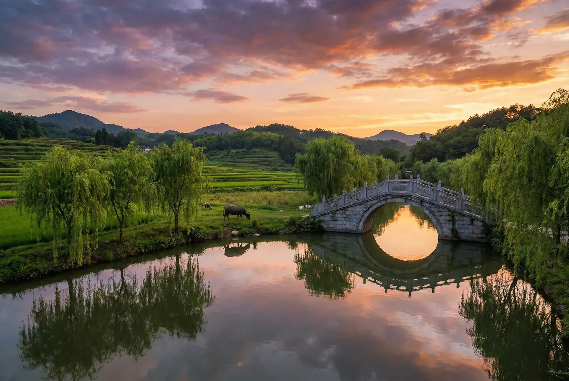 夕阳下的石拱桥与垂柳，水牛在河边吃草 - 罗马艳情史 乡村美景